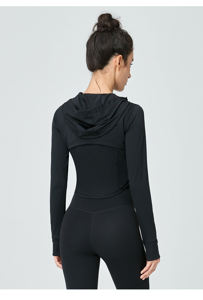 Black hooded long-sleeve athletic top for women, ideal for workout fashion and ملابس
