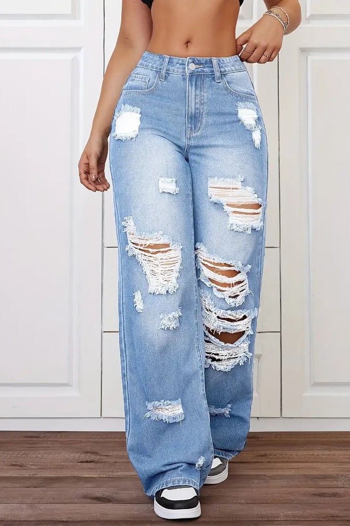 Langry fashion ripped washed high-waist loose denim trousers in light blue with black sneakers