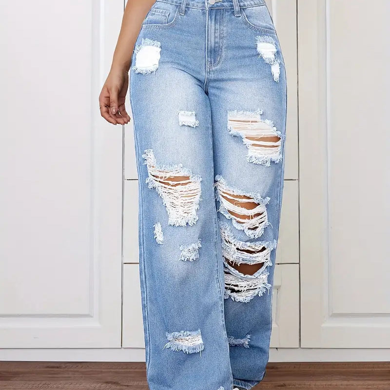 Langry fashion ripped washed high-waist loose denim trousers in light blue with black sneakers