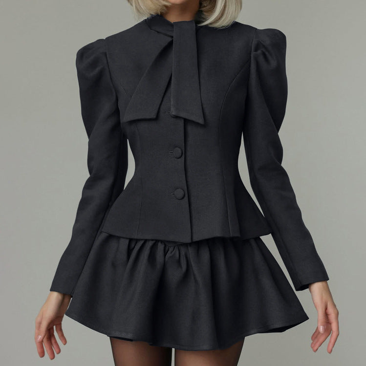 Niche Design Bow Tie Long Sleeve Top Skirt High Sense Two Piece Sets Elegant Outfit