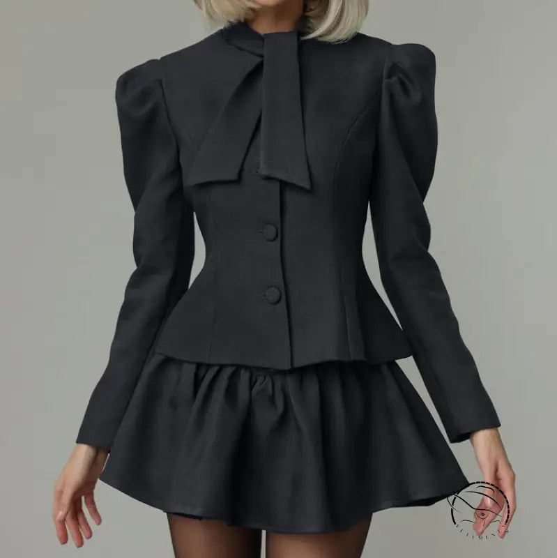 Niche Design Bow Tie Long Sleeve Top Skirt High Sense Two Piece Sets Elegant Outfit