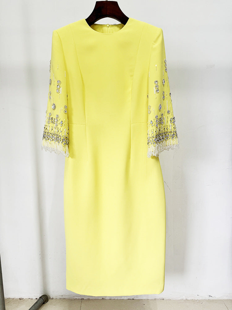 Elegant Yellow Diamond Embedded Mid Length Dress with embellished sleeves, a fashionable choice