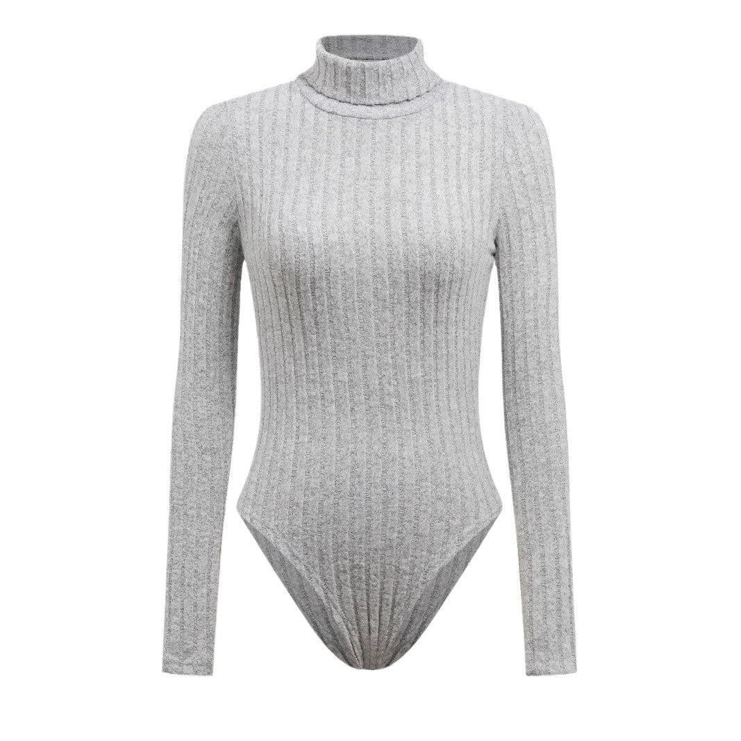 Silver ribbed long sleeve turtleneck bodysuit in slim fit fashion