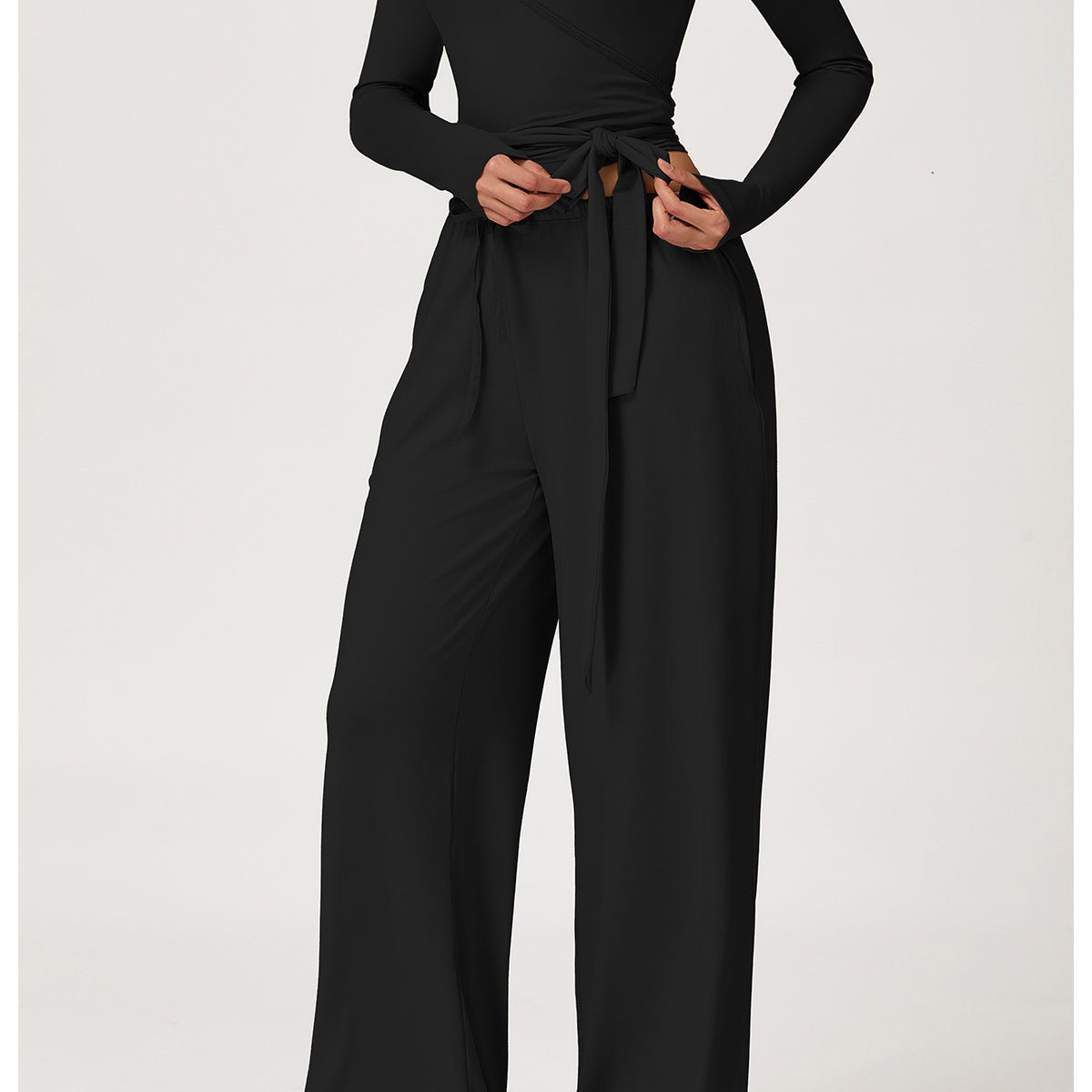 Black Langry Fashion Yoga Jumpsuit with Long Sleeves and Tie Waist