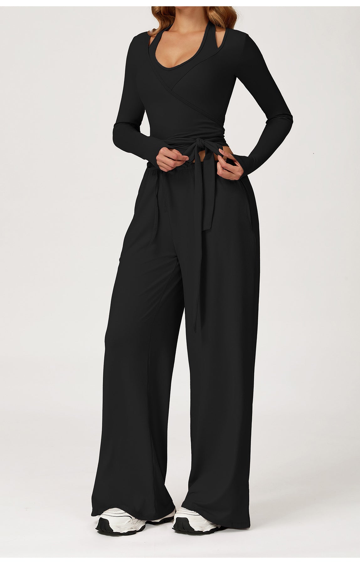 Black Langry Fashion Yoga Jumpsuit with Long Sleeves and Tie Waist