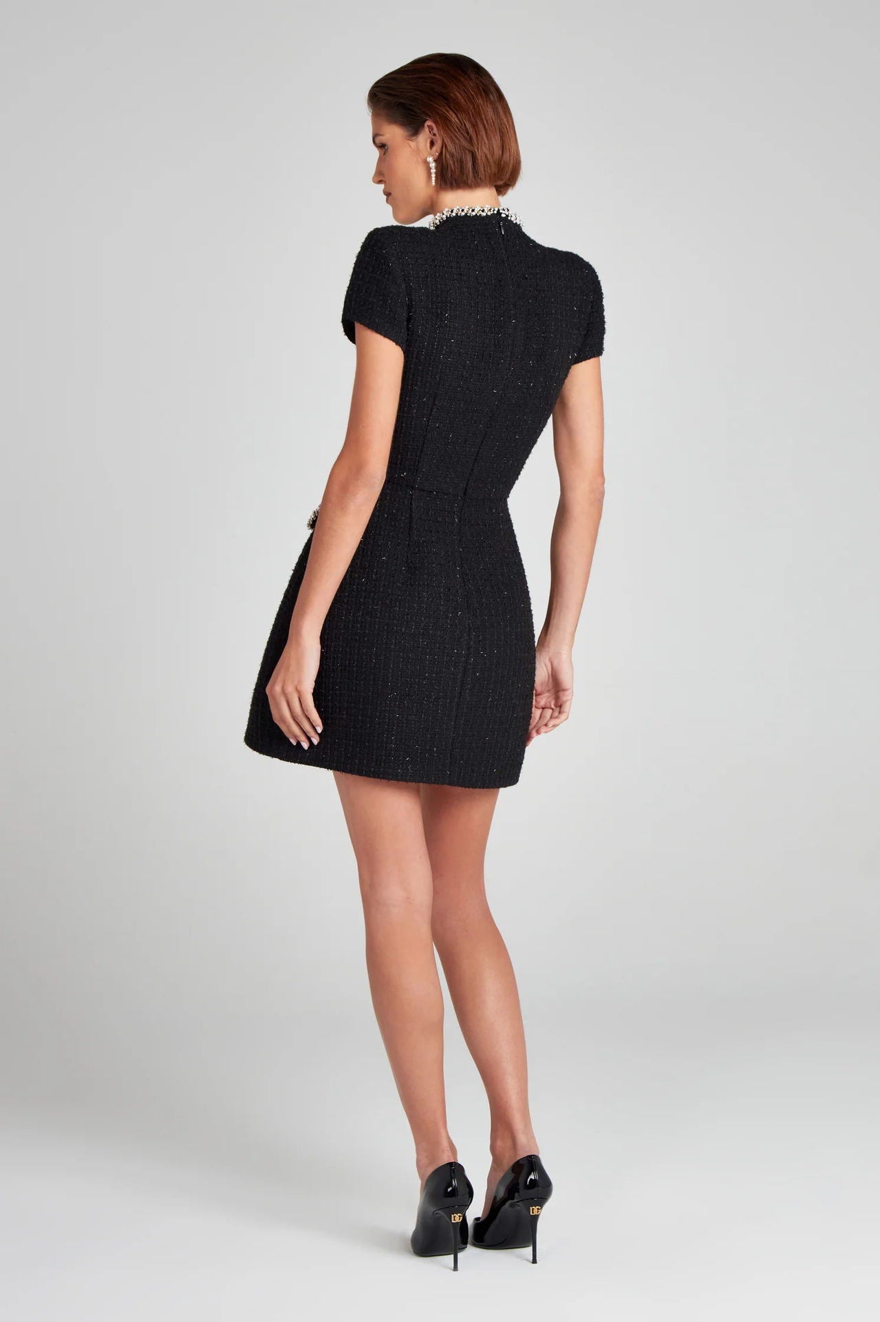 Elegant Slim Classic Dress featuring a short black design with a white collar and sleeves