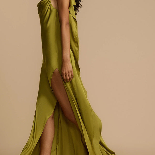 Olive green satin dress showcasing the Stunning Loose Satin Dress in fashion apparel