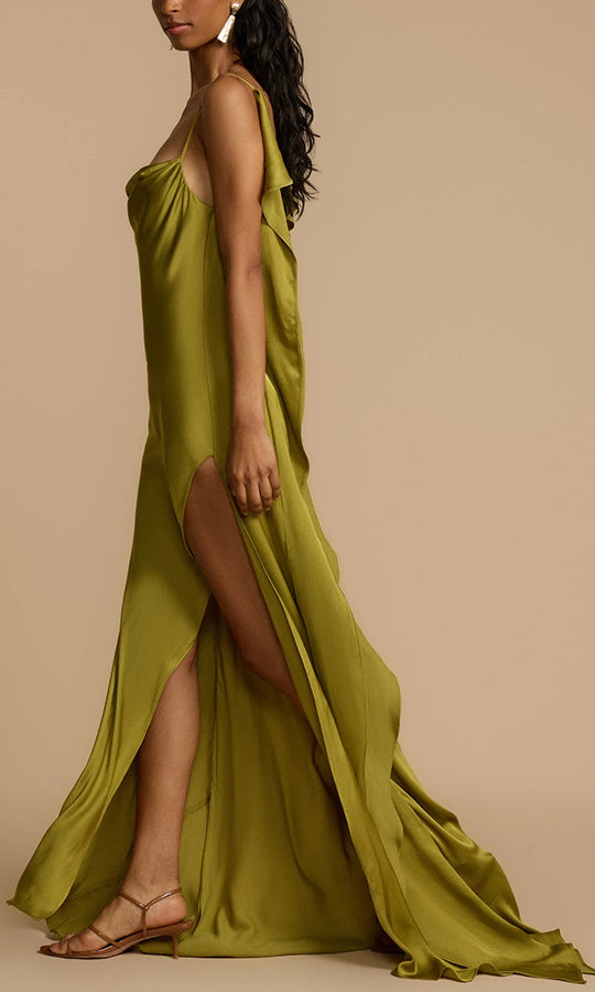 Olive green satin dress showcasing the Stunning Loose Satin Dress in fashion apparel