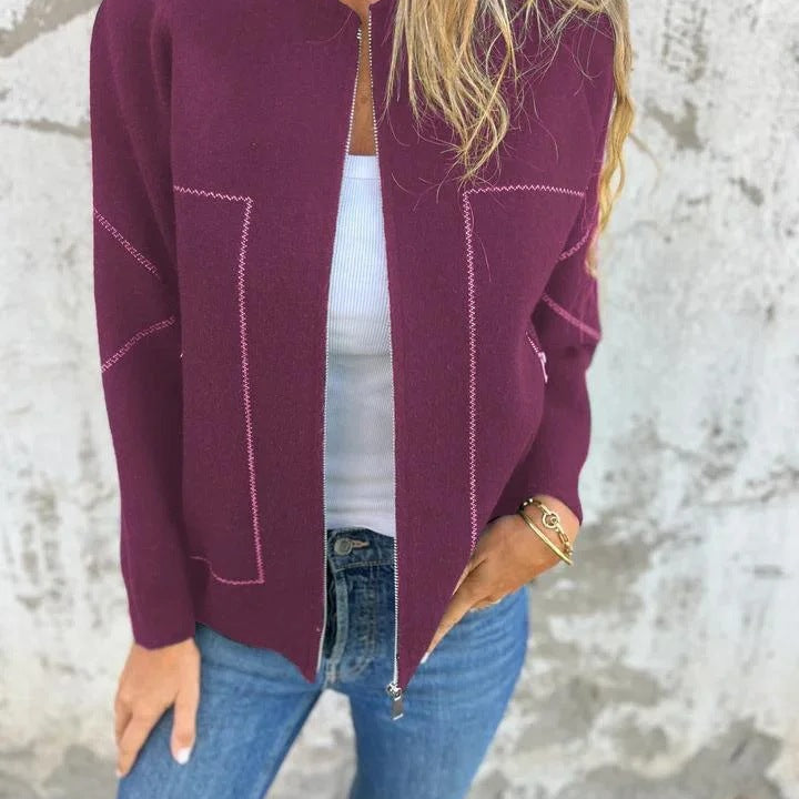 Burgundy zip-up cardigan with white stitching from Langry fashion featured in ملابس collection