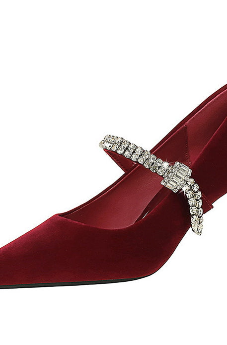 Langry fashion wine-colored velvet high-heeled shoe with rhinestone strap