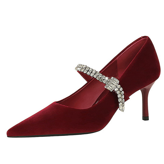 Langry fashion wine-colored velvet high-heeled shoe with rhinestone strap