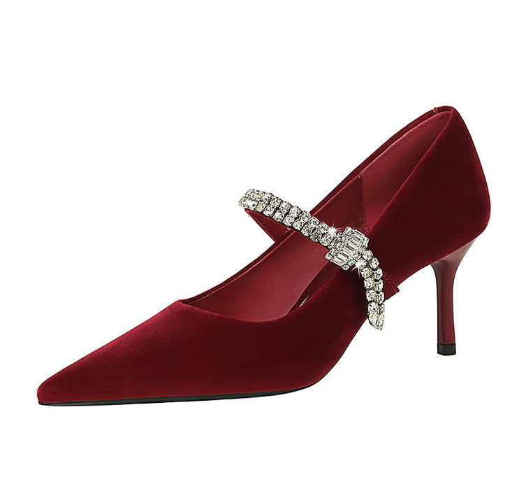 Langry fashion wine-colored velvet high-heeled shoe with rhinestone strap
