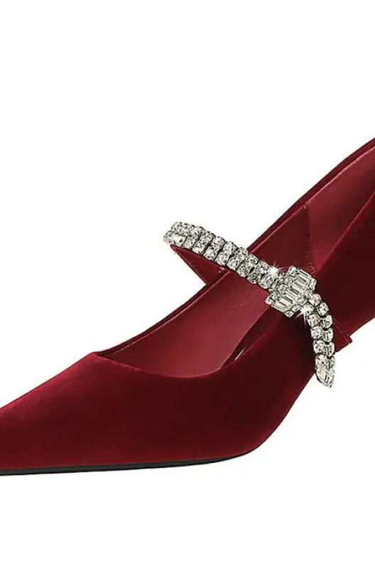 Langry fashion wine-colored velvet high-heeled shoe with rhinestone strap