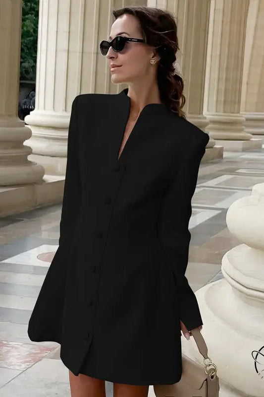 Elegant cardigan buckle waist slimming black blazer dress
