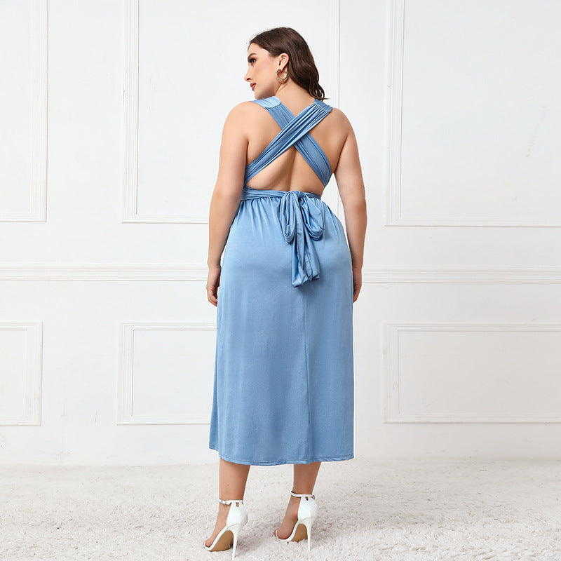 Elegant light blue cross backless lace-up dress showcasing sophisticated langry fashion style
