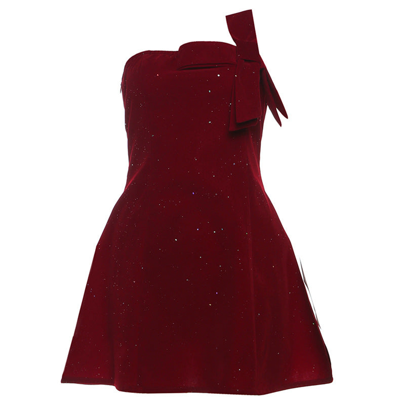 Elegant Burgundy one-shoulder dress with bow for fashion and ملابس enthusiasts