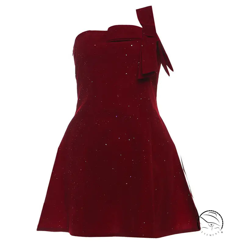 Burgundy langry one-shoulder fashion dress with bowknot