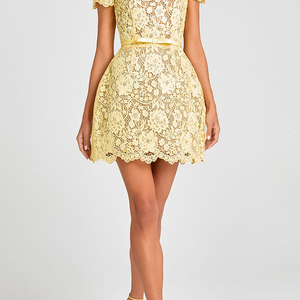 Enchanting lace yellow round neck mini dress with floral pattern and ruffled sleeves