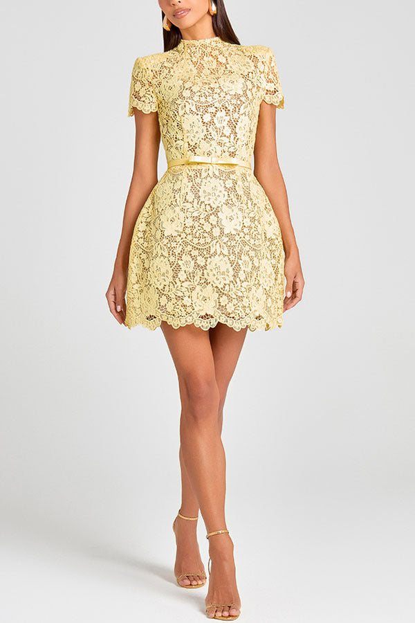 Enchanting lace yellow round neck mini dress with floral pattern and ruffled sleeves
