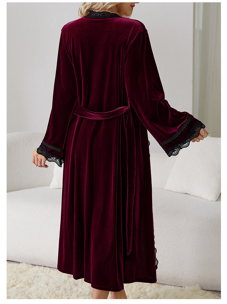 Langry fashion burgundy velvet robe with black lace trim for sweet nightdress