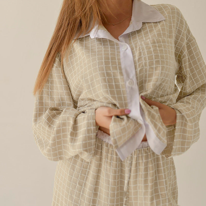 Light green and white checkered long-sleeve pajama set with collared top and drawstring pants for casual cardigan shorts homewear