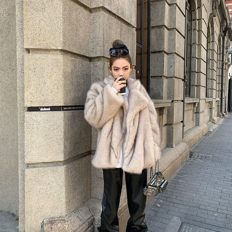 Light beige fluffy faux fur Langry fashion winter shearling jacket