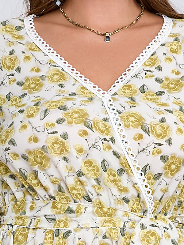 White boho lace floral dress with yellow floral pattern and lace trim neckline