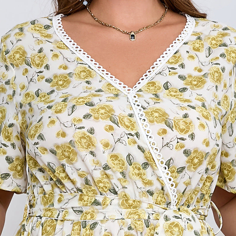 White boho lace floral dress with yellow floral pattern and lace trim neckline