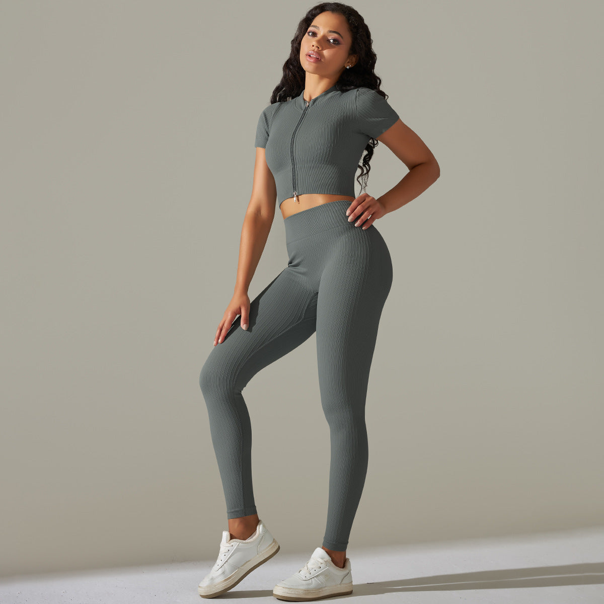 Gray ribbed athletic set from Seamless Knitted Peach Hip High Waist Yoga Sets