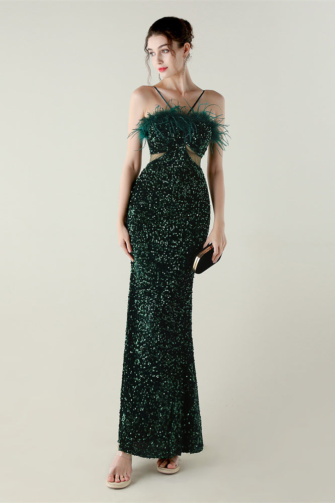 Langry green sequined strapless gown with ostrich feather bust detail
