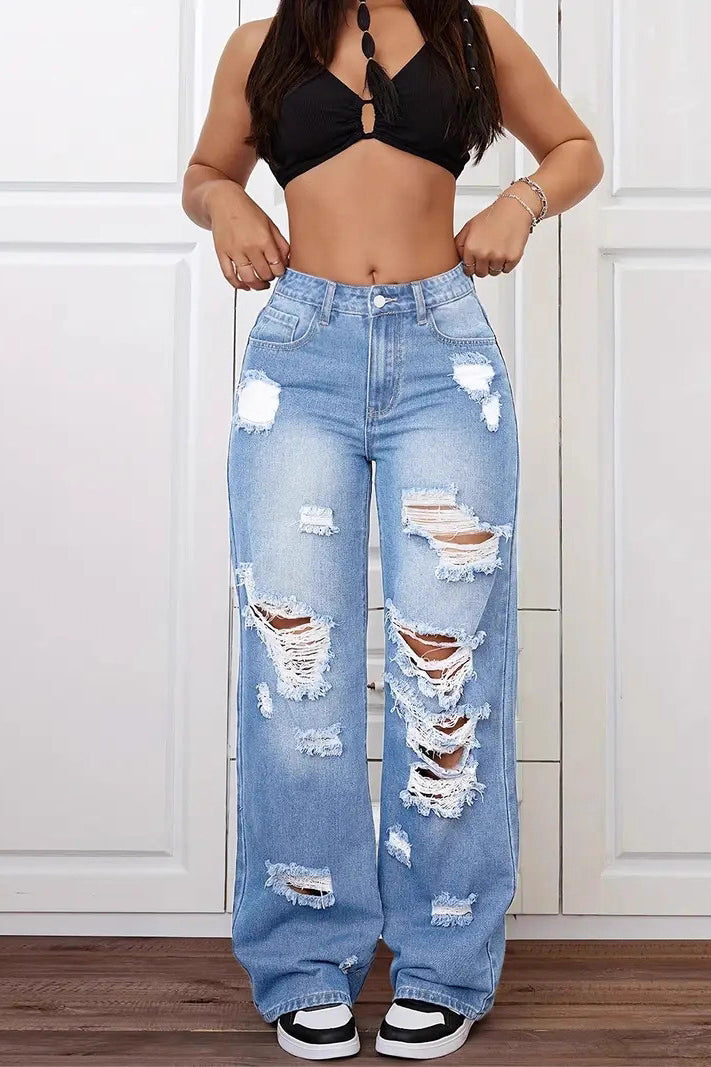Langry fashion ripped washed high waist denim trousers in light blue