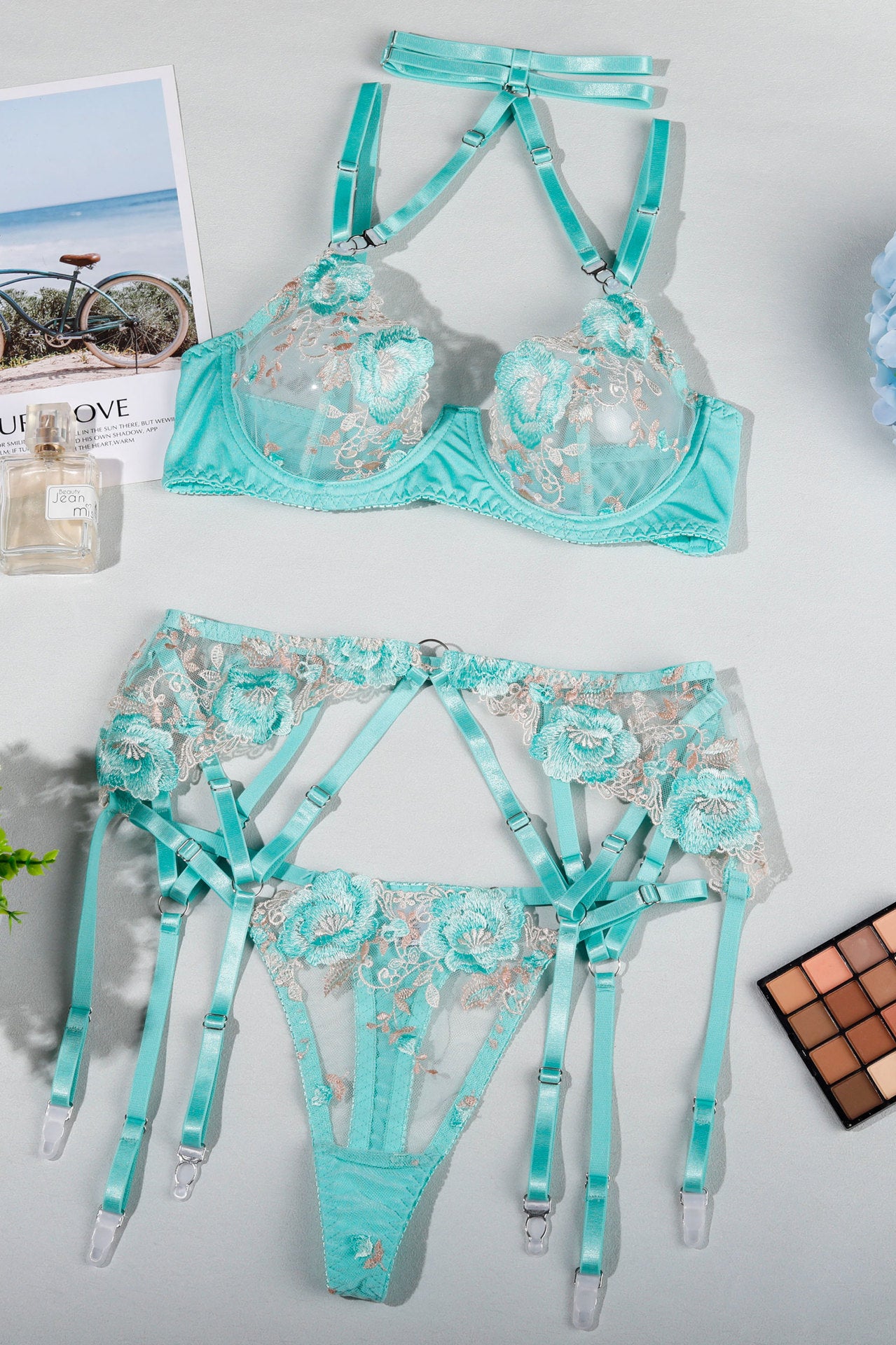 Mint green lace lingerie set with garter belt from Beauty Midnight Lingerie collection