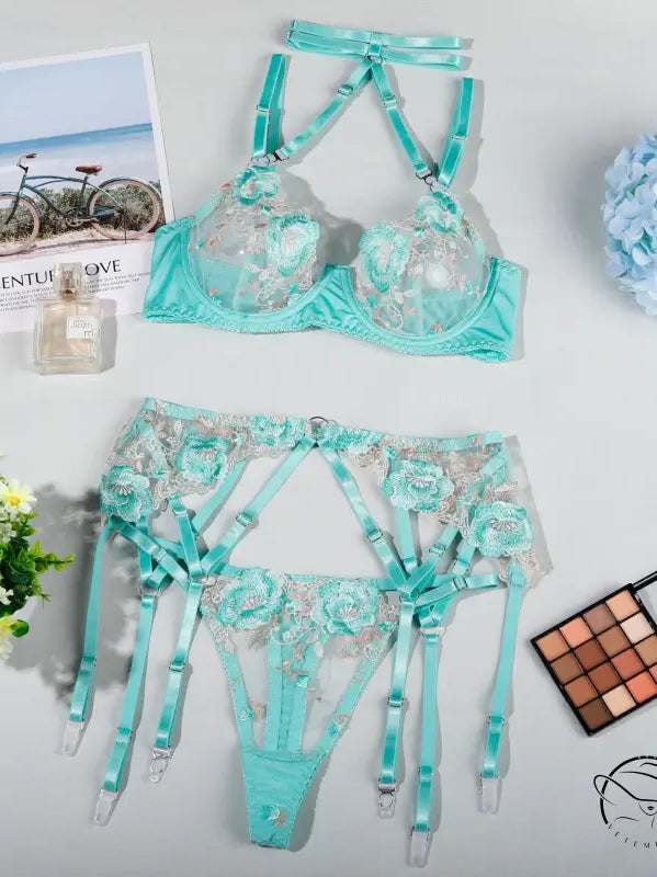 Beauty Midnight mint green lace lingerie set with garter belt