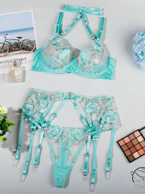 Beauty Midnight mint green lace lingerie set with garter belt