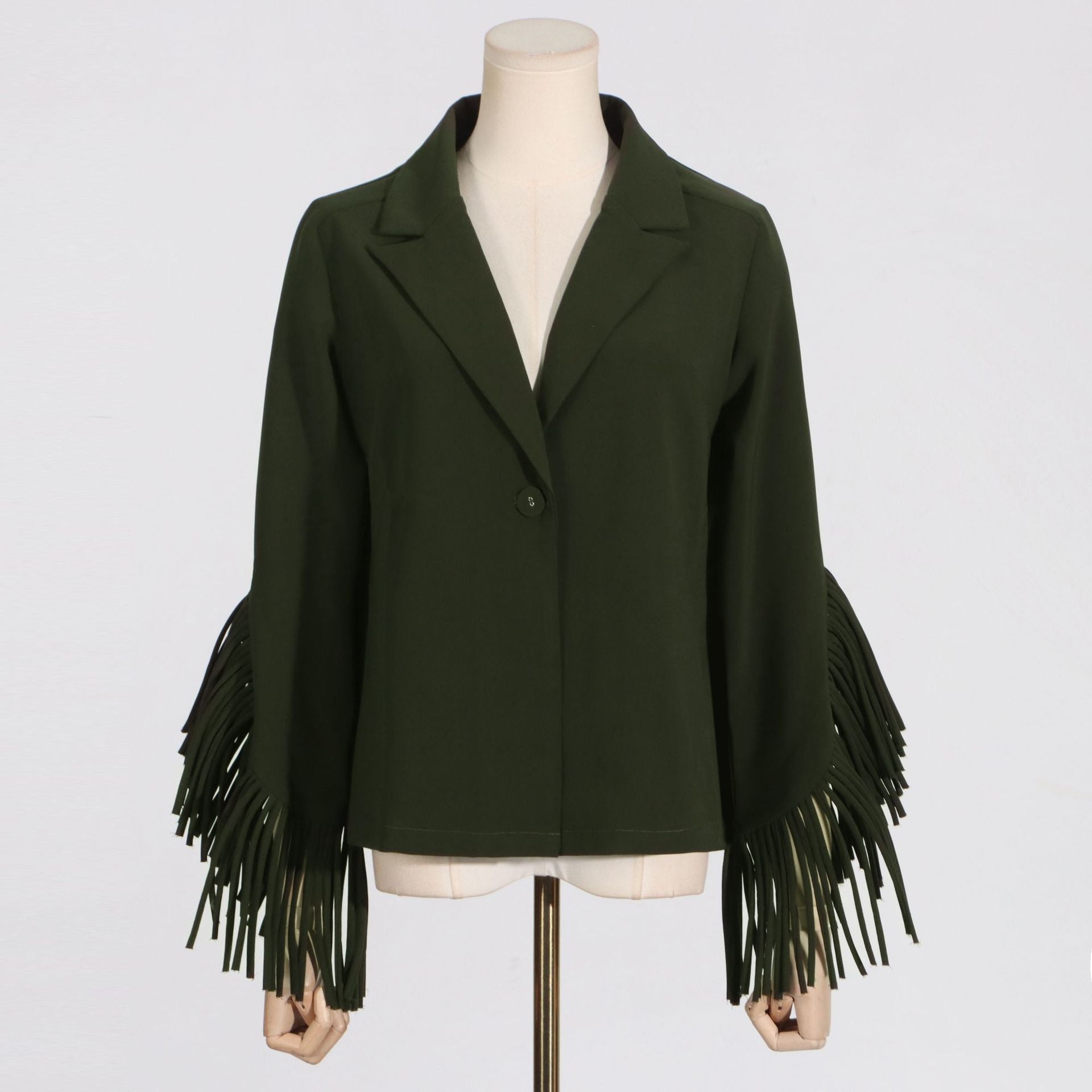 Olive green fringe-sleeved blazer in Casual Office Summer V Neck Long Sleeve Pants Set