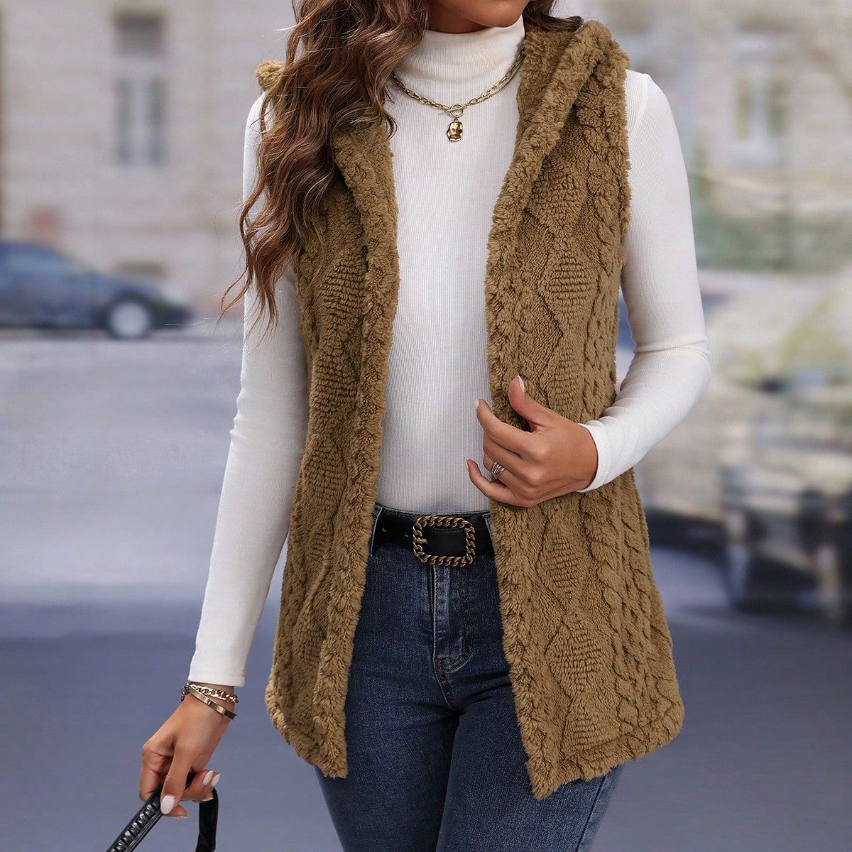 Langry fashion brown cable knit vest with fur trim hood for women