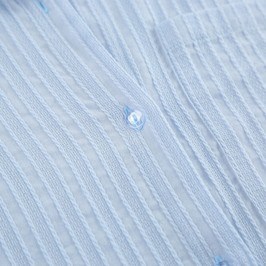 Light blue pure cotton long sleeves home wear pajamas with pleated fabric and pearl buttons