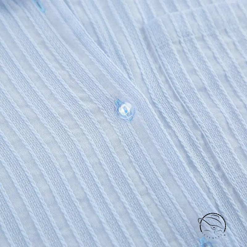 Light blue pleated pure cotton home wear cardigan with pearl buttons and long sleeves