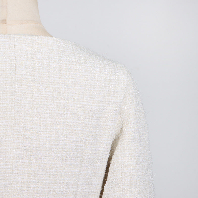 Elegant white tweed jacket from Off Shoulder Long Sleeve Waist Pocket Stitching High Sense Dress for fashionable ملابس and langry style