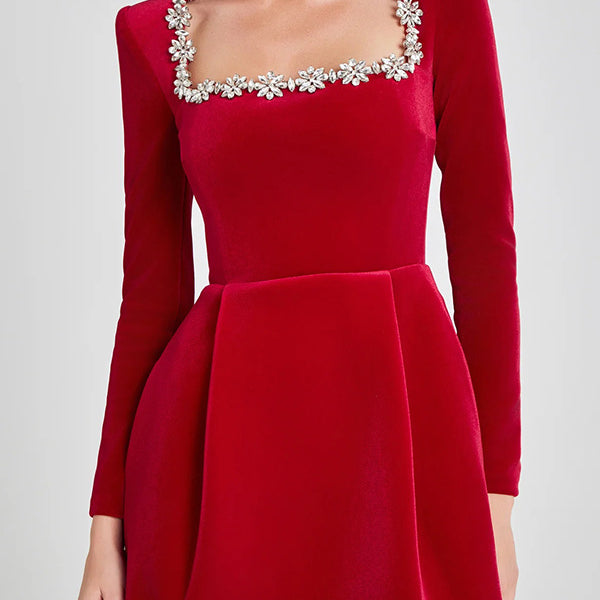 Red velvet mini dress with crystal neckline, elegant fashion for special occasions
