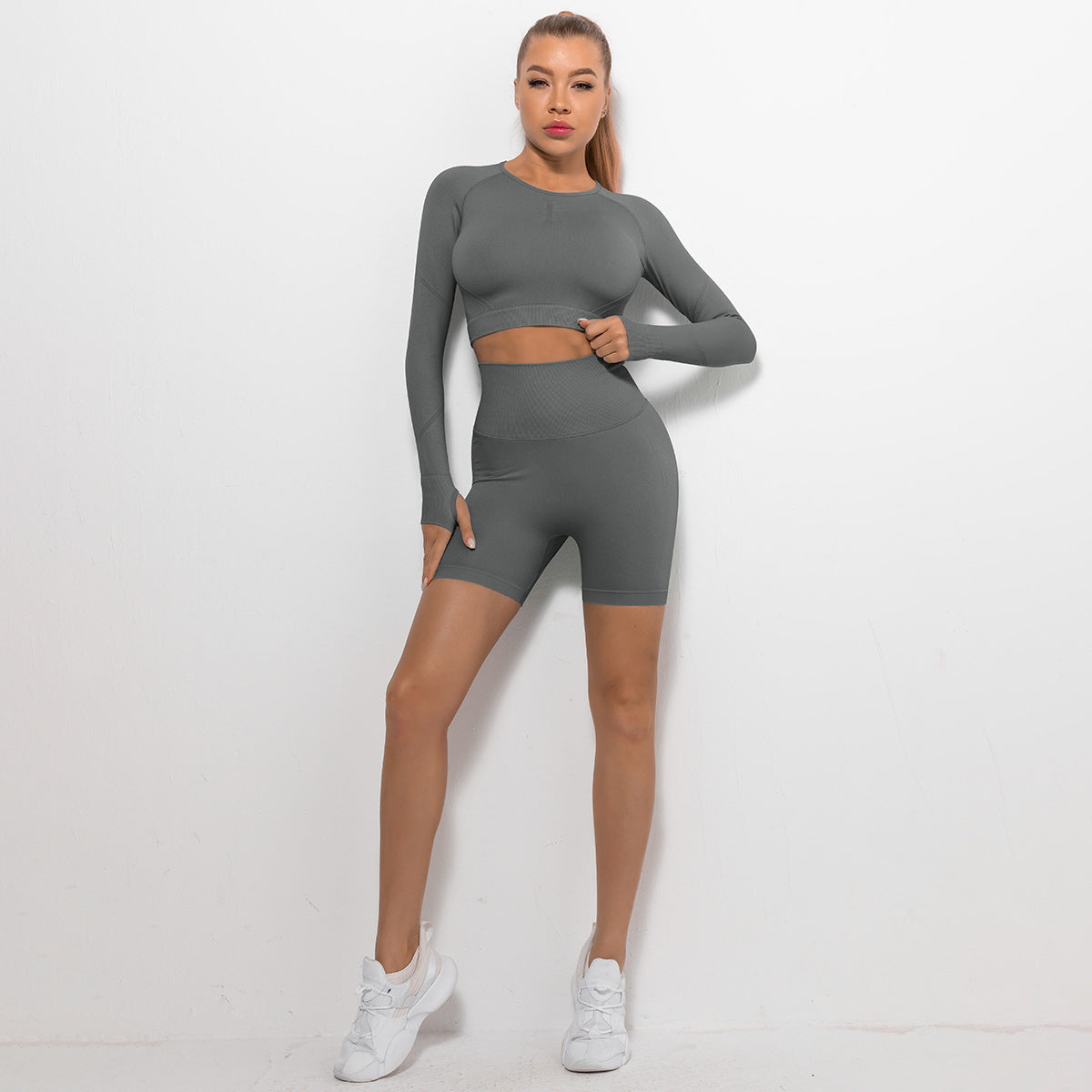 Seamless Pleated Peach Hip Long Sleeve Yoga Suit
