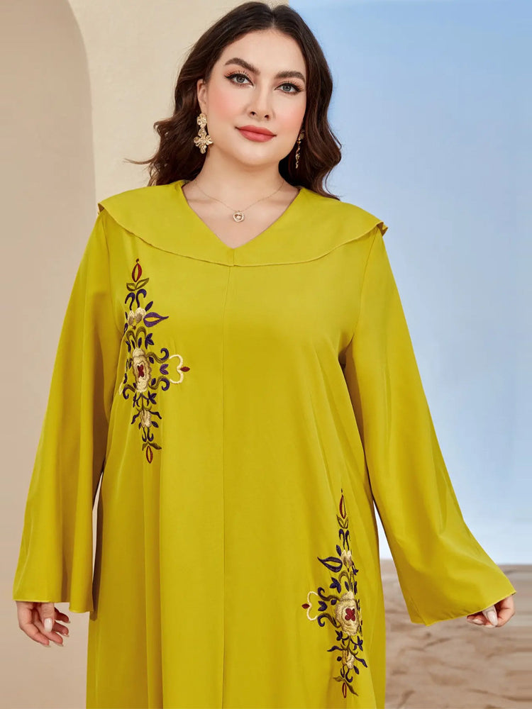 Mustard yellow embroidered langry plus size abaya dress in fashion ملابس