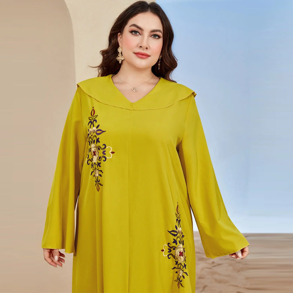 Mustard yellow embroidered langry plus size abaya dress in fashion ملابس