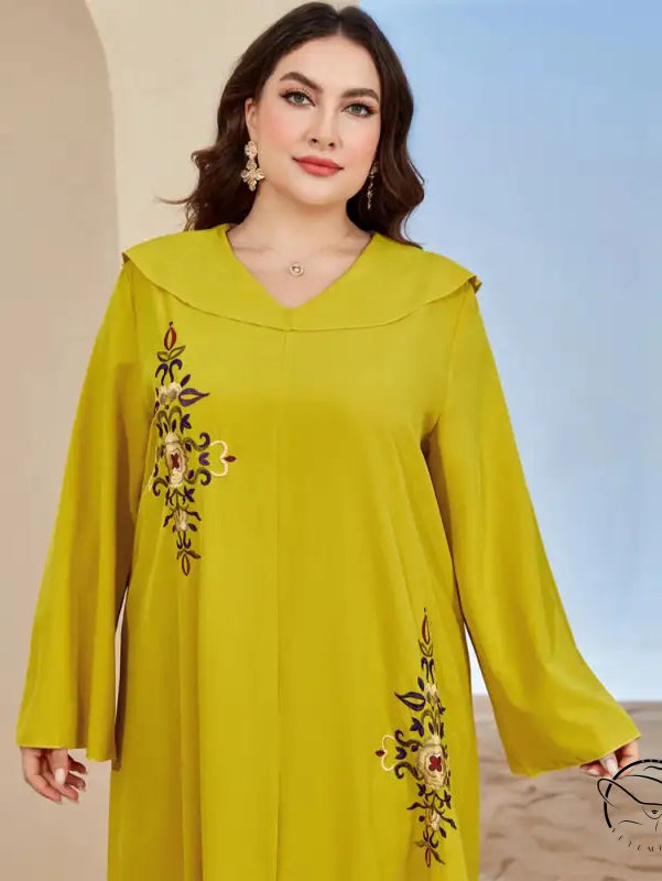 Mustard yellow floral embroidered plus size abaya dress in langry fashion
