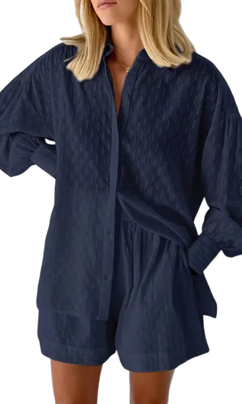 Navy blue textured jacquard pajamas shirt with long sleeves
