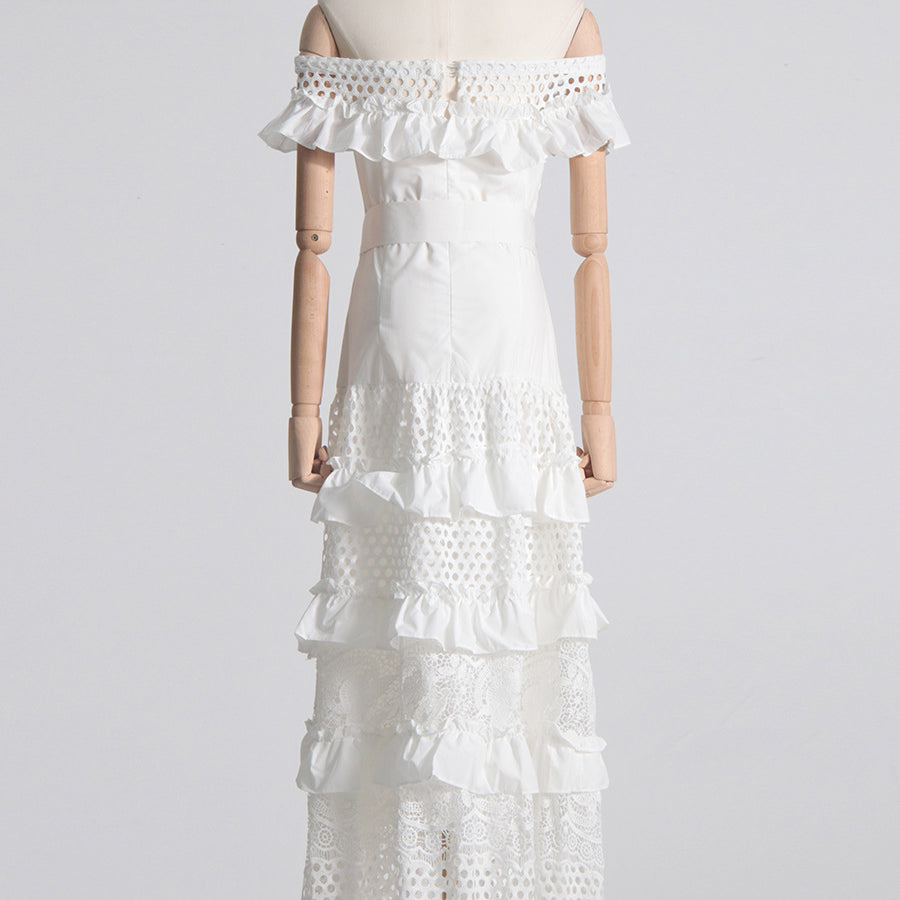 White off-the-shoulder tiered lace dress showcasing elegant fashion and ملابس for women