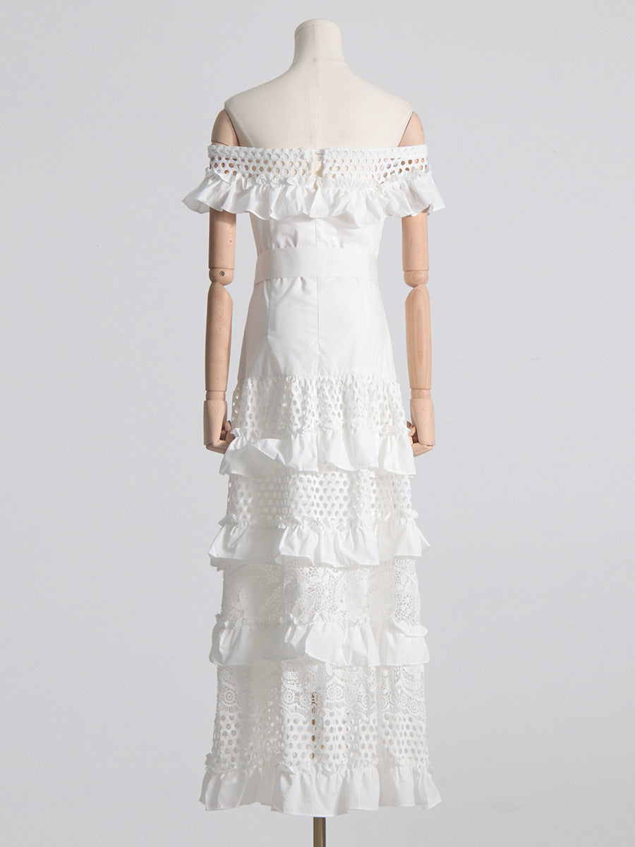 White off-the-shoulder tiered lace dress showcasing elegant fashion and ملابس for women