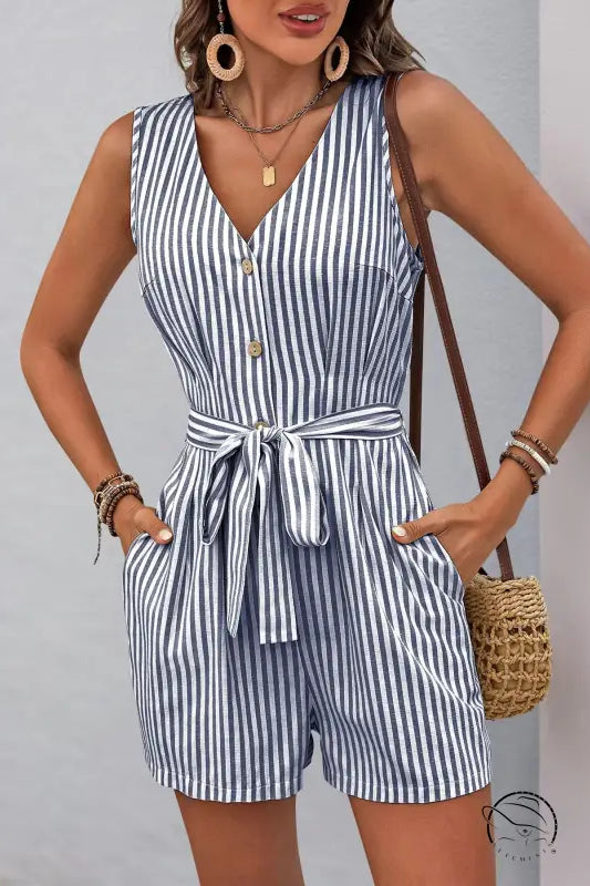 Sleeveless navy and white striped beautiful summer jumpsuit with V-neck