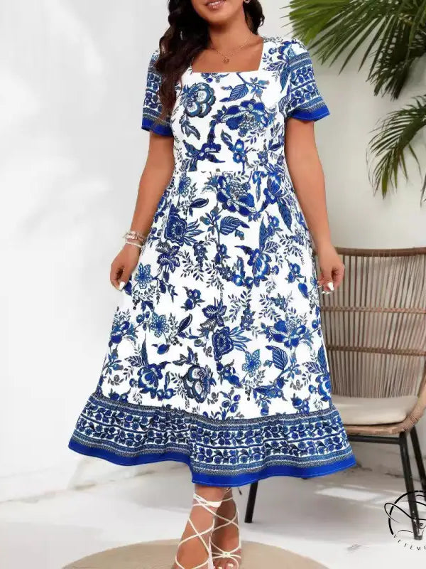Blue white maxi dress with floral print and square neckline