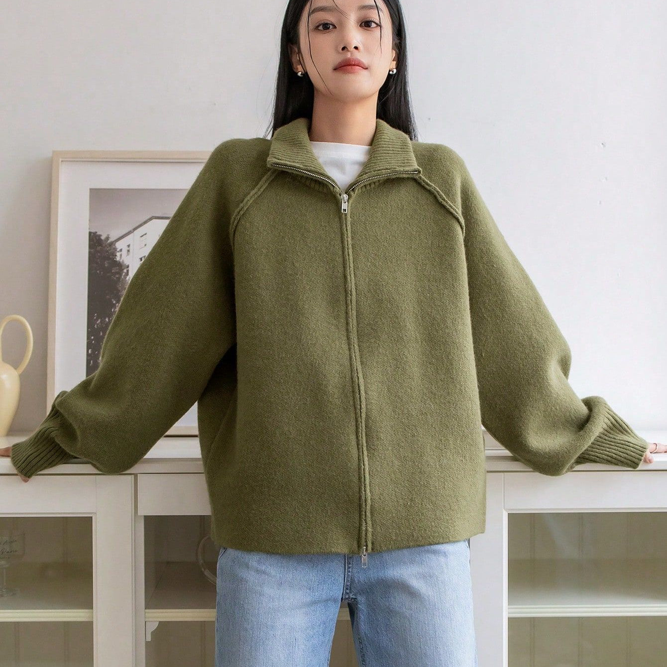 Winter Korean Stand Collar Zipper Knitted Cardigan Top